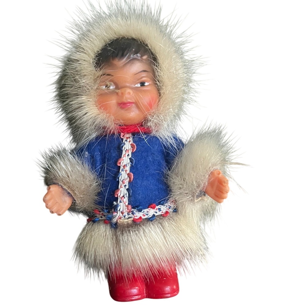 Vintage K. Schirkel Rubber Faced Eskimo Doll with Real Fur Trim